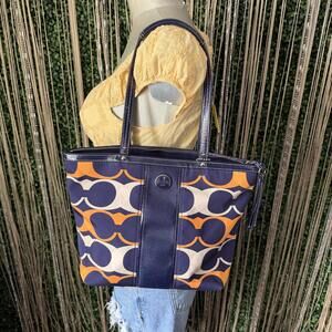 Coach Navy and Orange Colorway Signature Stripe linear Tote Bag F23908